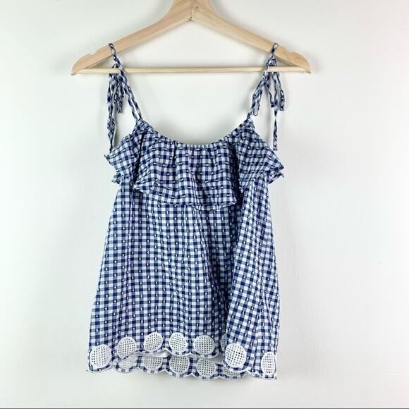 J. Crew Tie Shoulder Ruffle Eyelet Trim Gingham Cotton Embroidered Top 0 - Picture 8 of 8